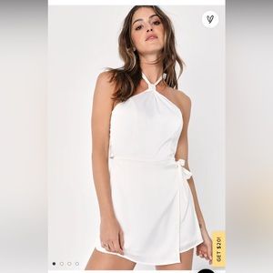 Lulu’s Alluring Mood Ivory Satin Halter Side-tie Skort Romper